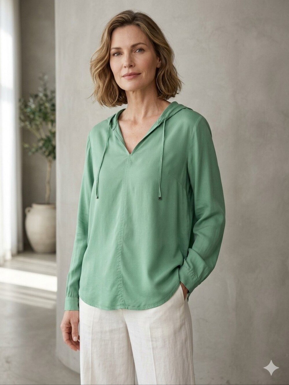 Olsen Green Top V-neck Long Sleeve With Hood Viscose Lyocell Blend